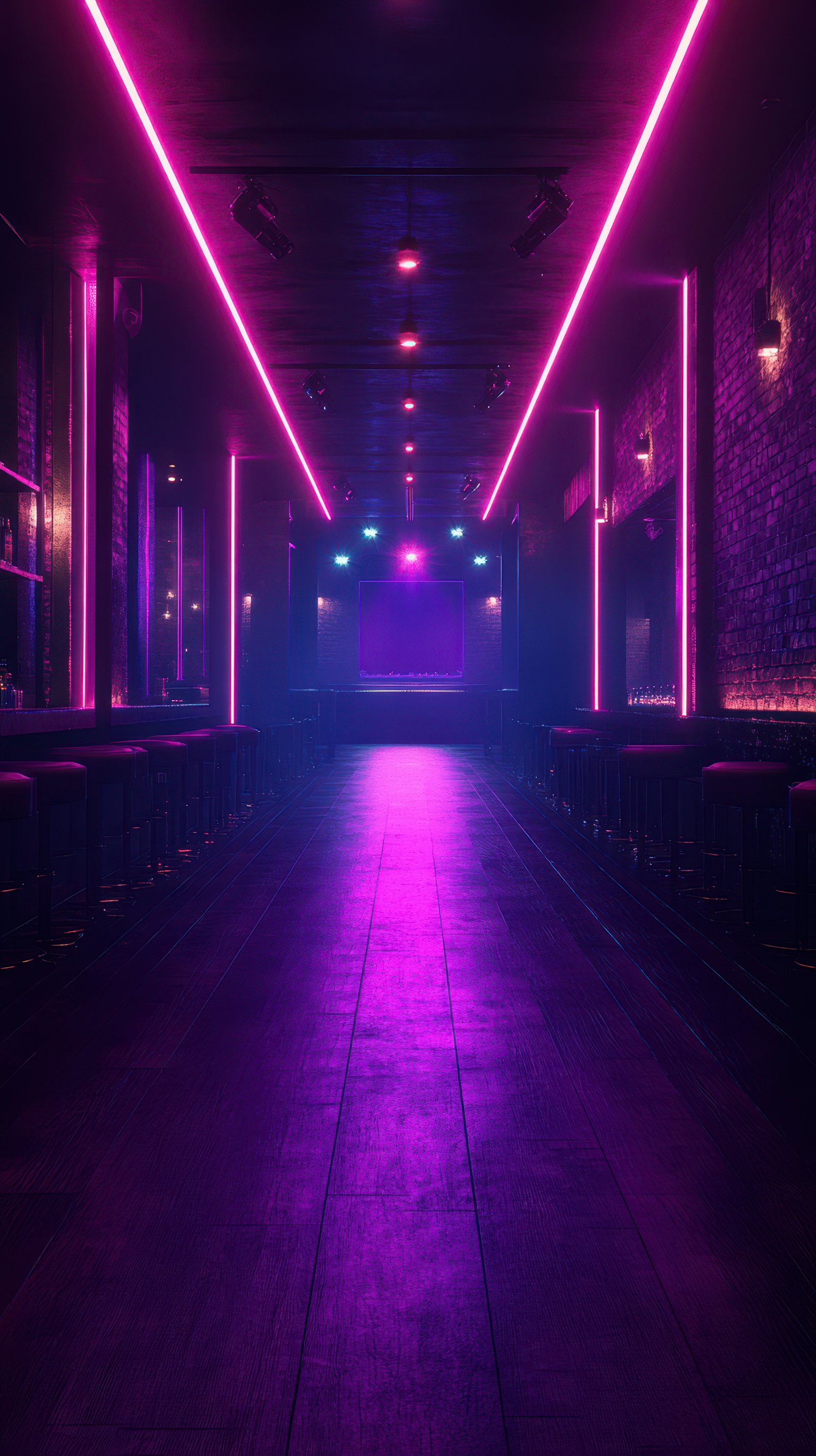 Neon lights illuminate a vibrant nightlife venue in a modern urban setting during late evening hours